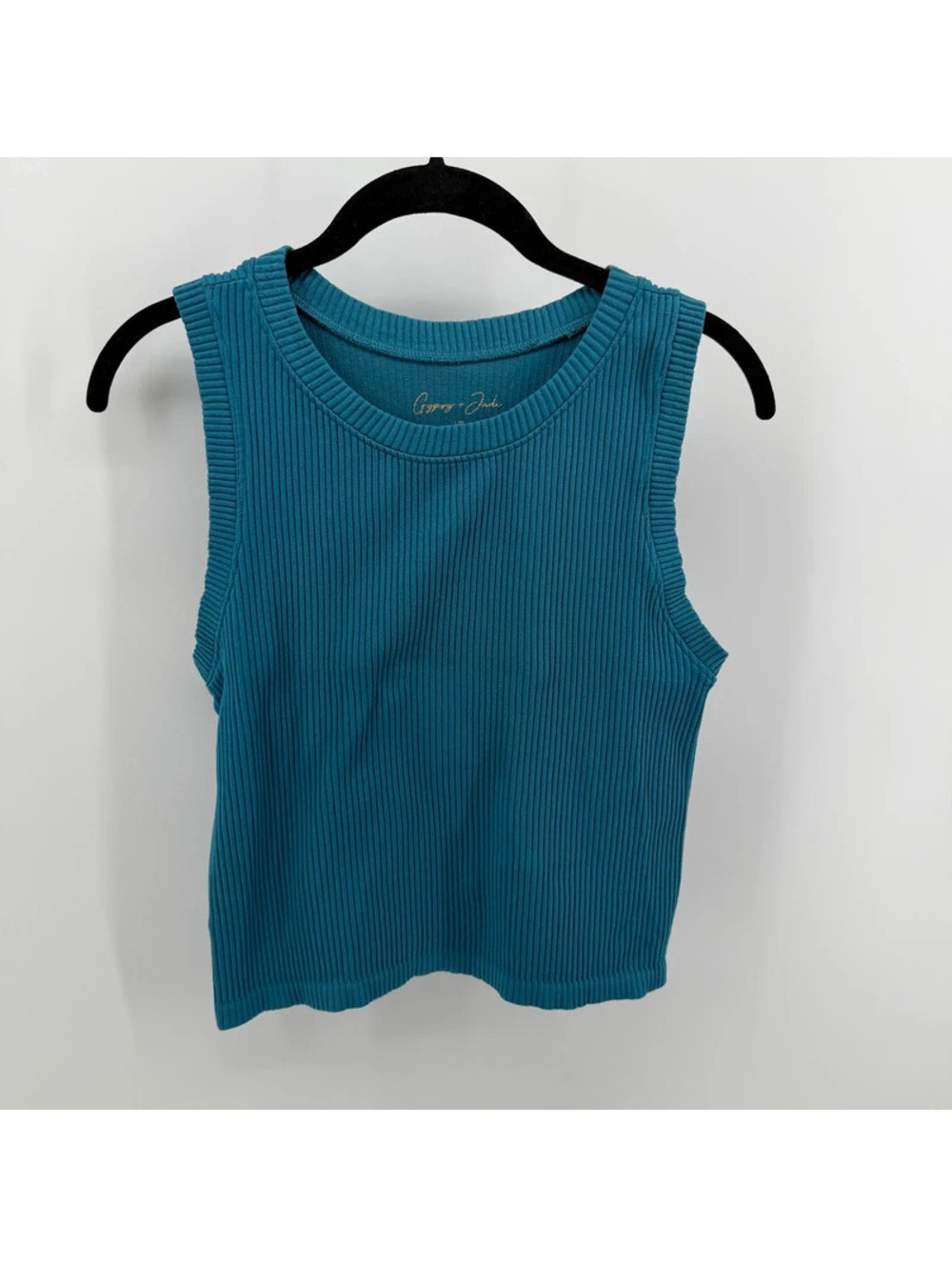Gypsy + Jade L/XL Teal Blue Ribbed Cropped Tank Top Sleeveless Stretch